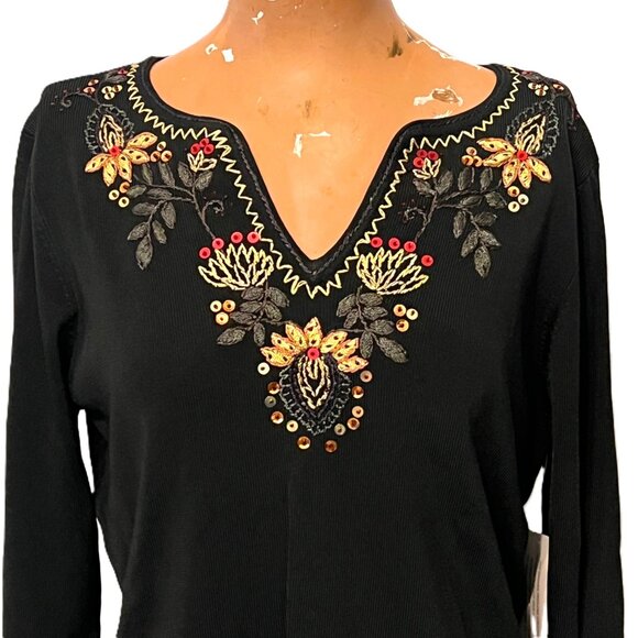 Crossing Pointe Knit Blouse Embroidered Sequin Fall Flowers Medium Cottage NEW - Picture 2 of 6